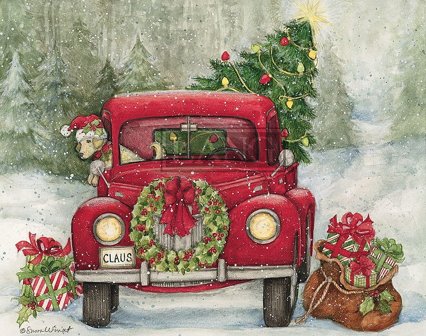 Watercolor Snowy Red Truck with Pine Trees Seamless Pattern Winter  Christmas Night with Falling Snow and Vintage Car Stock Illustration   Illustration of wallpaper blue 164364462