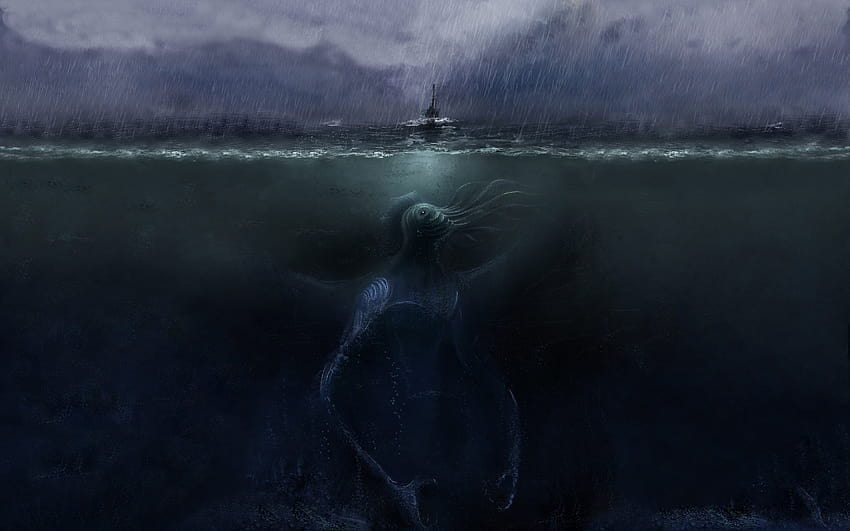 water, ocean, dark, monsters, rain, Cthulhu, ships, HP Lovecraft, digital art HD wallpaper