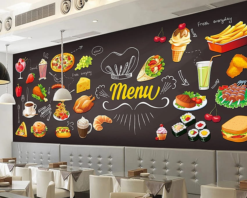 Kustom retro, Makanan yang dilukis dengan Tangan, mural tiga dimensi 3D untuk dinding latar belakang hotel kafe restoran PVC Wallpaper HD