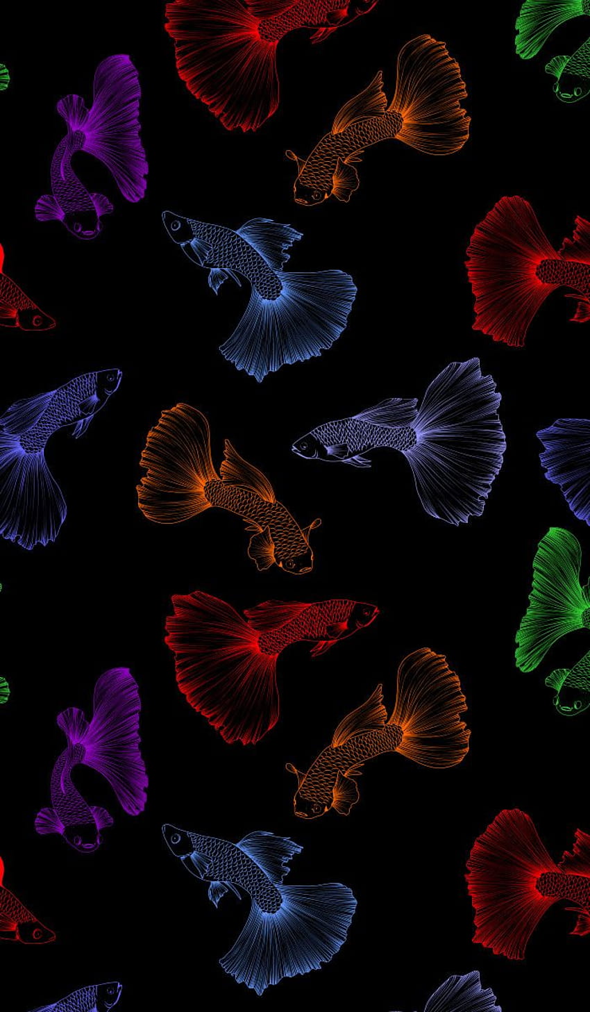 黒の背景にシームレスな魚のパターン。 さまざまな色のベクトル水族館グッピー… 2021 年、ネオンフィッシュ HD電話の壁紙