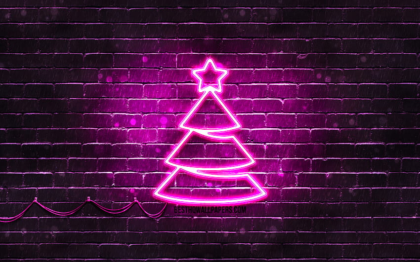 Purple neon Christmas Tree, purple brickwall, Happy New Years Concept, Purple Christmas Tree, Xmas Trees, Christmas Trees with resolution 3840x2400. High Quality, neon tree HD wallpaper