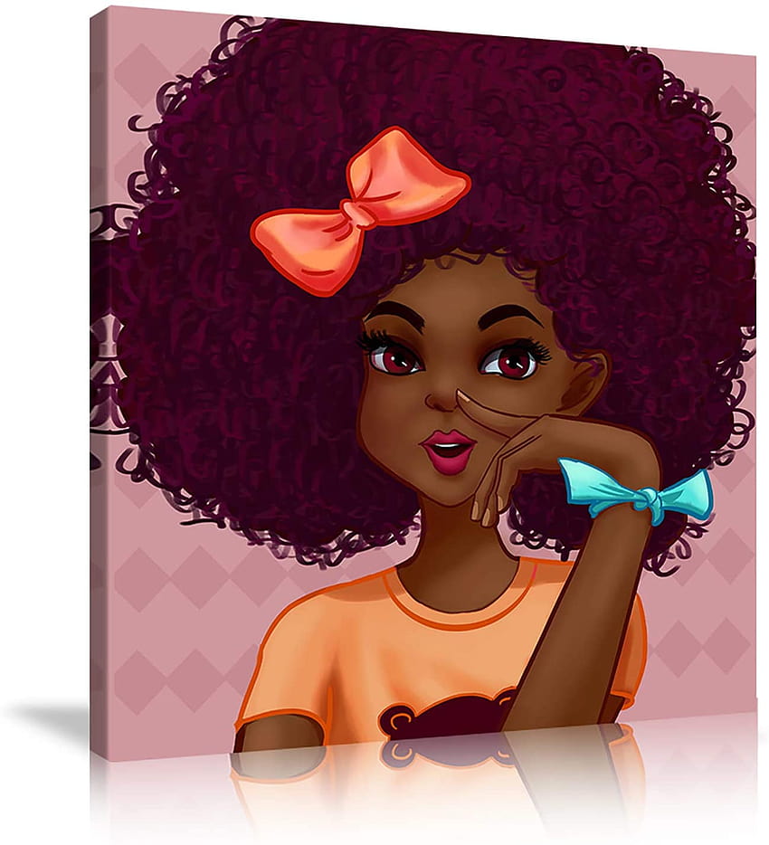 Kup African American Girl Wall Art Pomarańczowa szpilka Afro Hair Cute Girl Dekoracje ścienne Czarne kobiety Canves Malarstwo Afrykańskie kobiety Plakat Grafika Wystrój salonu Dziewczyny Sypialnia Oprawione Gotowe do Tapeta na telefon HD