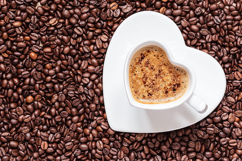 Xícara de café, Cappucino, Coração amoroso, Grãos de café papel de parede HD