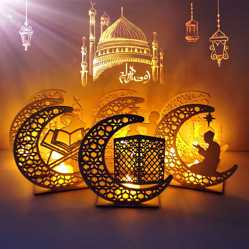Дървени светлини Eid Gift Eid, декорации за Рамадан HD тапет за телефон