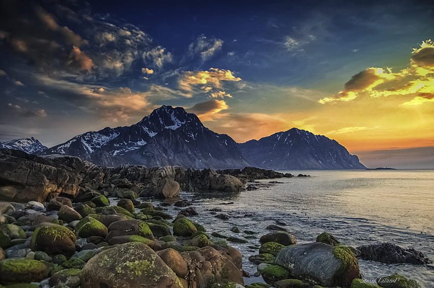Spring, Sea, Sky, Arctic, Scandinavia, Norway, Lofoten, Islands, Mountain, Boulders, Seashore, norway spring HD wallpaper