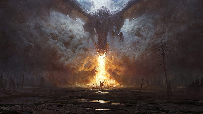 Gray Dragon, Fire, Smoke, Trees, Water, Knight • For You HD wallpaper