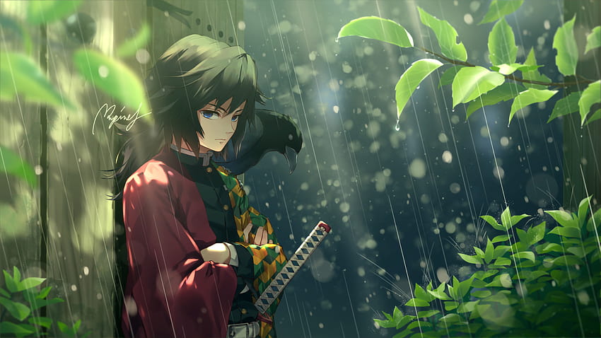 Demon Slayer Giyuu Tomioka Standing On Rain Around Plants Anime HD wallpaper