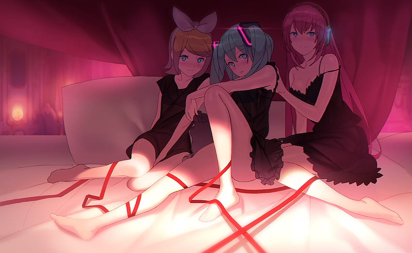 보컬로이드 하츠네 미쿠 루카 메구리네 리본 Bowknot Three 3 Anime Girls HD 월페이퍼