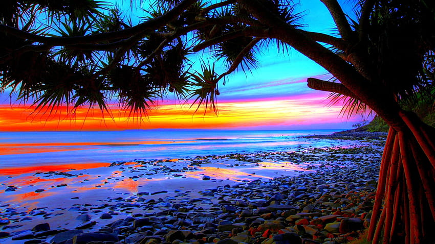 Blue Beach Sunset Art HD wallpaper