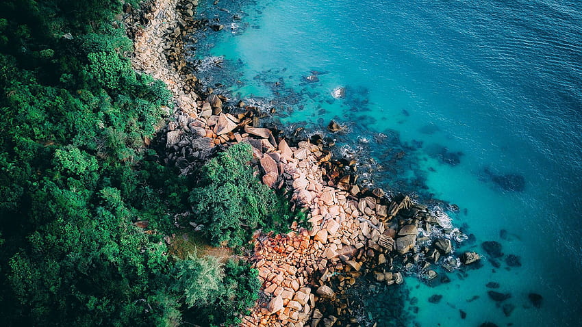 Beira Mar, Litoral, Rochas, Árvores Verdes, Água Azul, Oceano, » , Ultra papel de parede HD