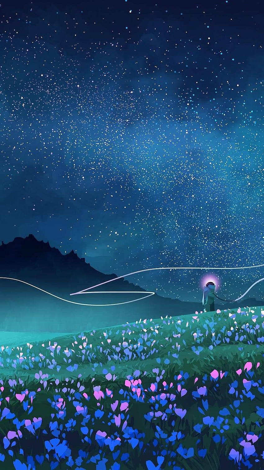 Beautiful anime girl depicting half moon stars and trees at night 2K  wallpaper download