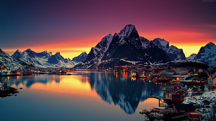 Norwegia, pulau Lofoten, Eropa, Pegunungan, laut, matahari terbit, matahari terbit laut Wallpaper HD