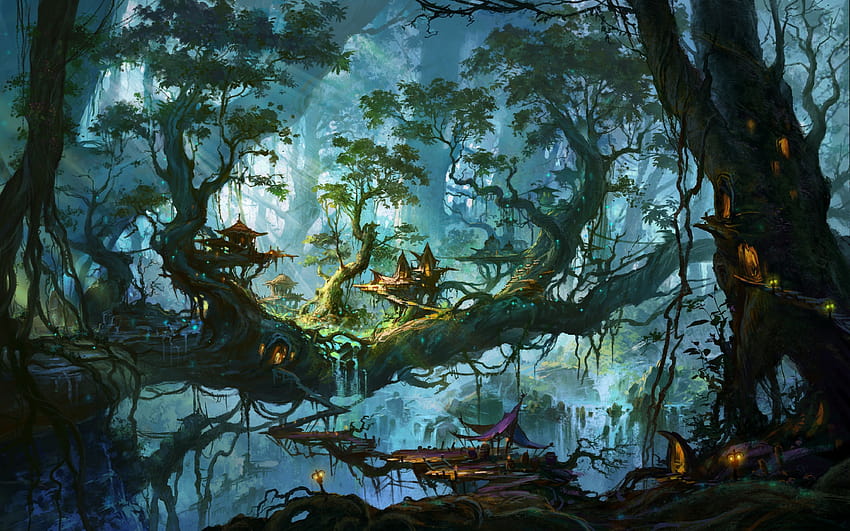:: drzewa, światła, królestwo, fantasy art, elfy, wiejskie drzewo Tapeta HD