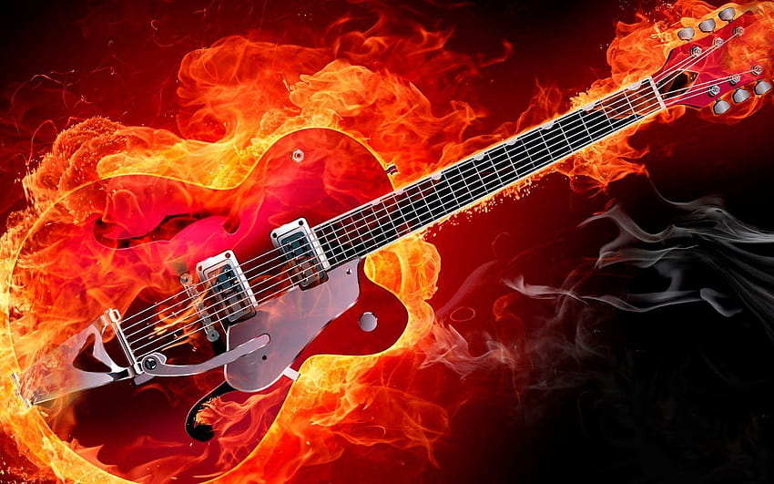 Електрическа рокабили китара в огън Червен дим пламъци Музика, рок китара HD тапет