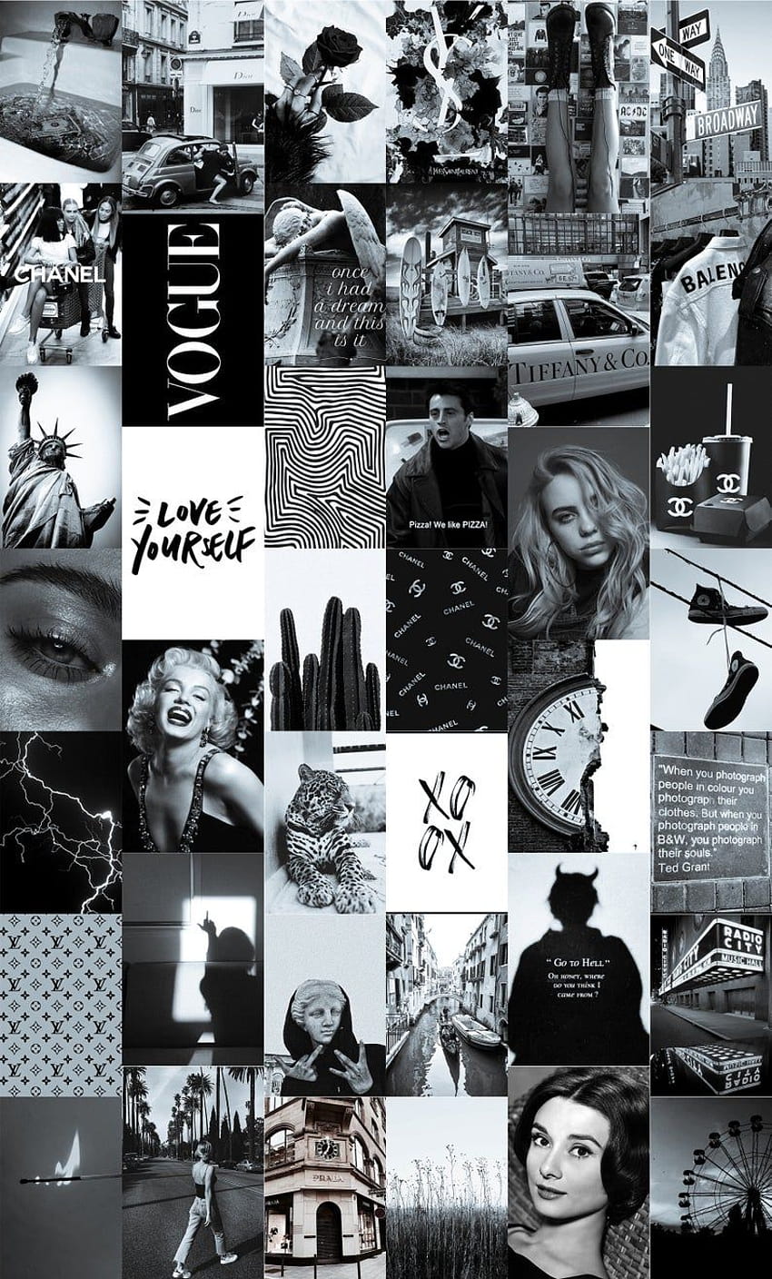 Weiches Schwarz-Weiß-Wand-Collage-Kit Vintage Black, Grunge-Musik-Ästhetik-Collage HD-Handy-Hintergrundbild