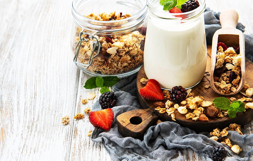 berries, Breakfast, yogurt, granola for HD wallpaper
