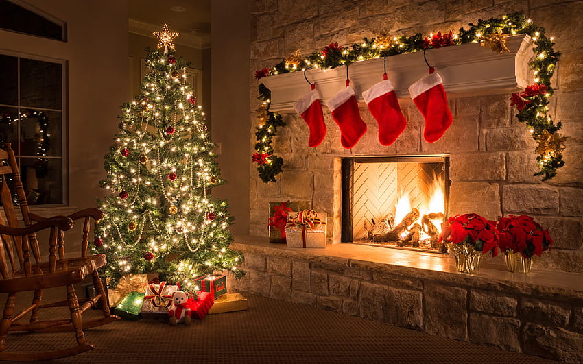 Lareira de árvore de ano novo de meias de natal, lareira de árvore de natal papel de parede HD