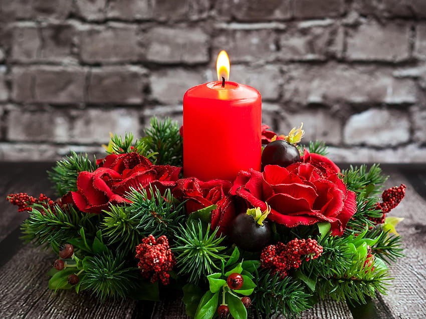 New year rose Candles Branches Holidays, rose and christmas red candles HD wallpaper