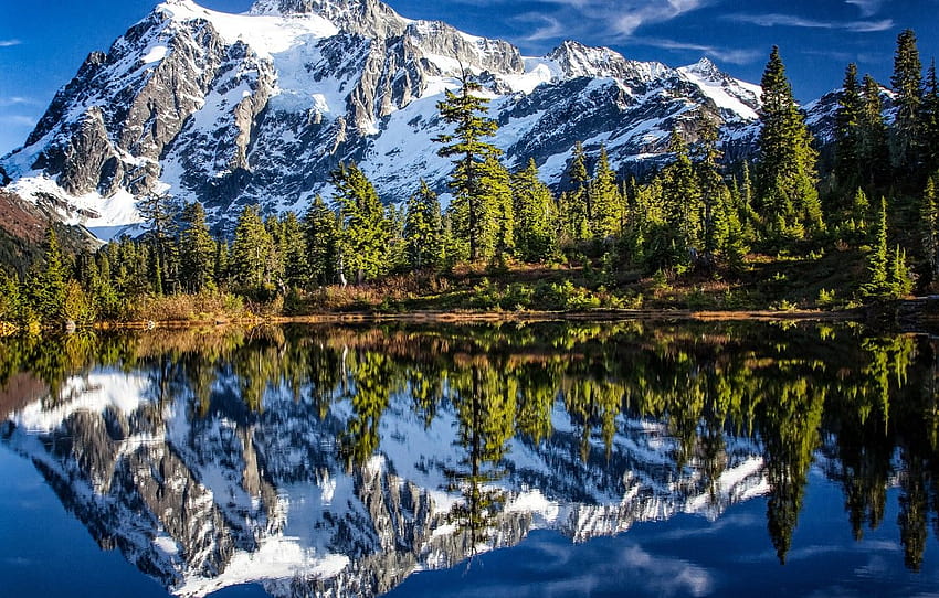 ป่า ต้นไม้ ภูเขา ทะเลสาบ สะท้อน ภูเขา Mount Shuksan Washington วอลล์เปเปอร์ HD