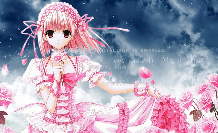 flowers in the magic sunset pink girl anime, anime pink magic HD wallpaper
