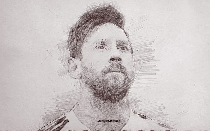Lionel Messi, retrato, dibujo a lápiz, futbolista argentino, selección de fútbol de Argentina, rostro, dibujo sobre papel, fútbol, ​​retrato de Messi con resolución 2880x1800. Boceto de messi de alta calidad. fondo de pantalla