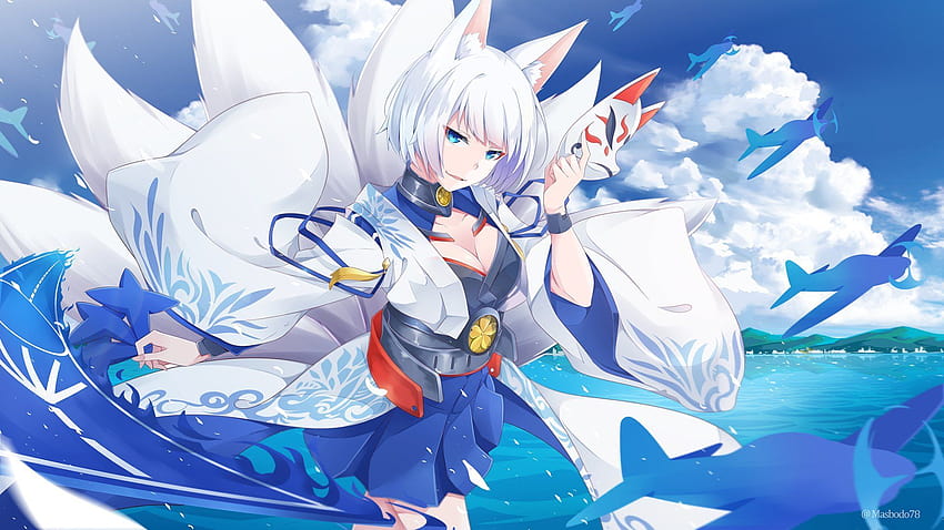 Anime Azur Lane Kaga, Kitsune Anime weißes Auge HD-Hintergrundbild