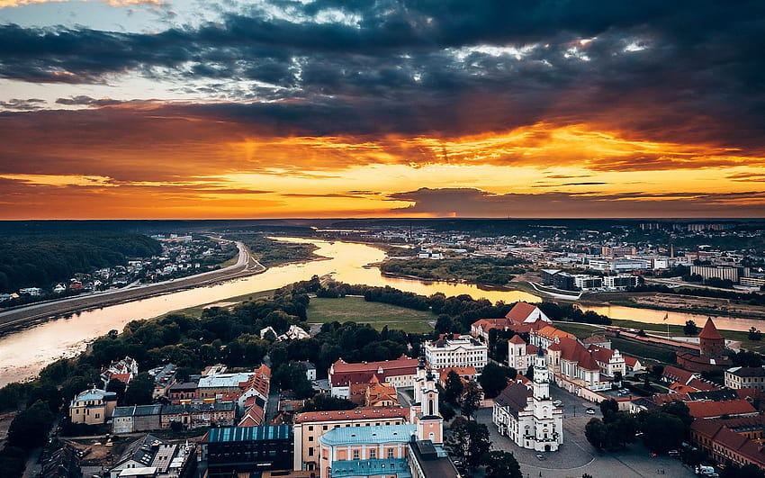 Kaunas, Lithuania, วิวเมือง, บ้าน, แม่น้ำ, พระอาทิตย์ตก วอลล์เปเปอร์ HD