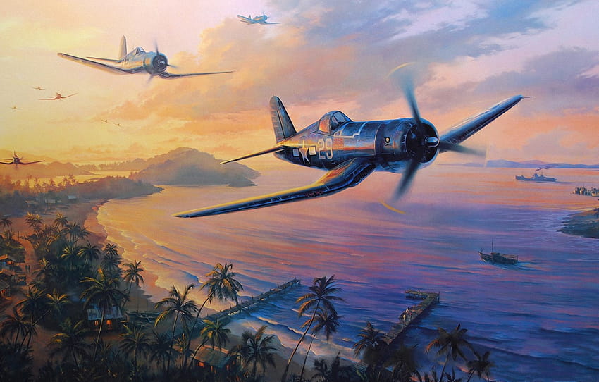 aircraft, war, art, airplane, painting, aviation, drawing, ww2, dogfight, pacific war, f4u corsair , section авиация HD wallpaper