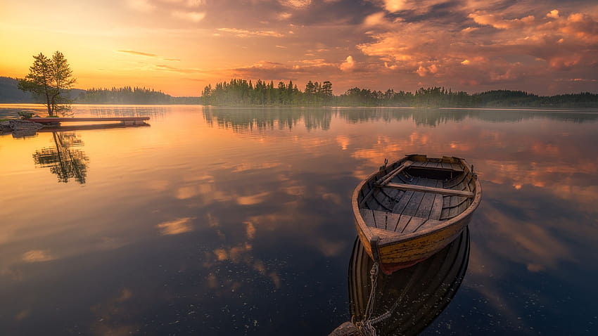 2560x1440 Boat In Silent Lake Nature Sunset 1440P Resolution, lake boat clouds HD wallpaper
