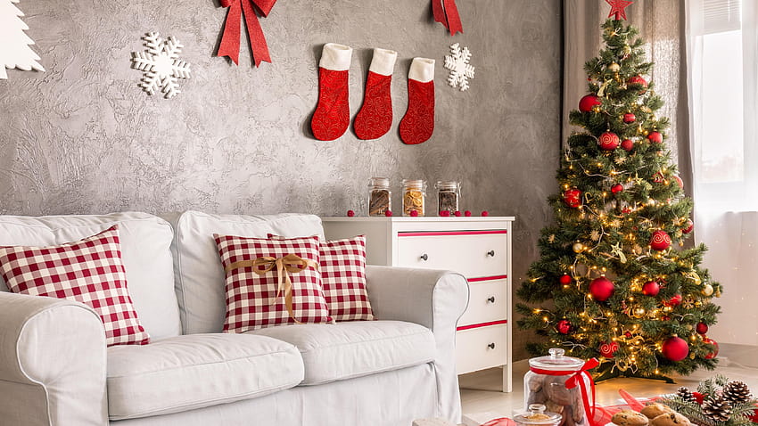 Christmas home decoration, sofa, socks, cookies, christmas decorated home HD wallpaper