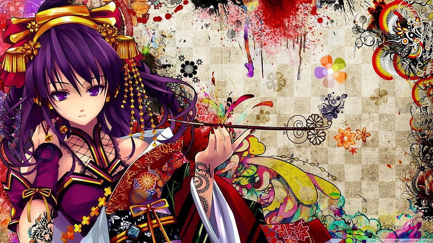 Purple hair Snyp pipes anime Beatmania Japanese clothes Hifumi HD wallpaper