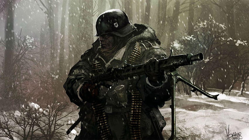 Soldado nazista armas de batalha arma militar inverno neve, soldado papel de parede HD