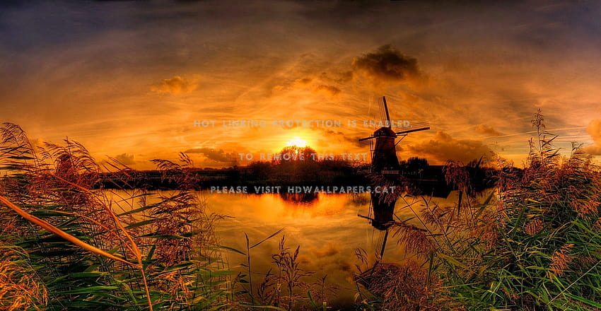 Kinderdijk-Mühle bei Sonnenuntergang Wasserhimmelkanal, Sonnenuntergangsmühle HD-Hintergrundbild