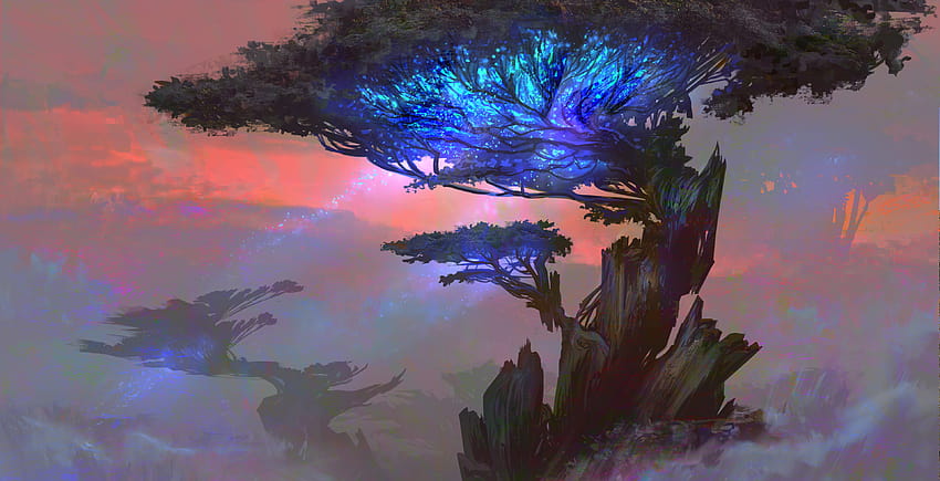 Pohon Fantasi Penuh Energi Biru Wallpaper HD