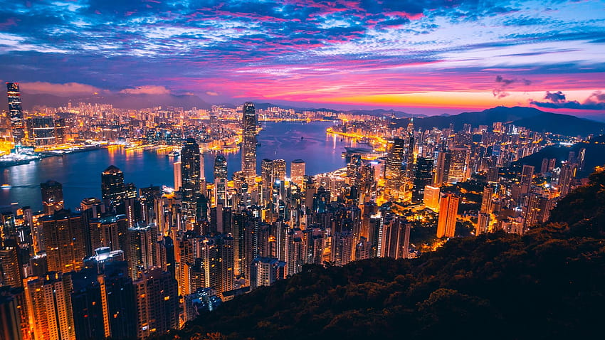 2560x1440 Vista de la ciudad de Hong Kong Edificios Luz Noche 1440P fondo de pantalla