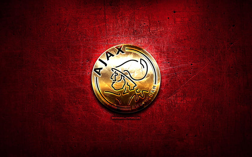 Ajax FC, złote logo, Eredivisie, czerwone abstrakcyjne tło, piłka nożna, holenderski klub piłkarski, logo Ajax, piłka nożna, AFC Ajax, Holandia z rozdzielczością 2560x1600. Wysoka jakość Tapeta HD