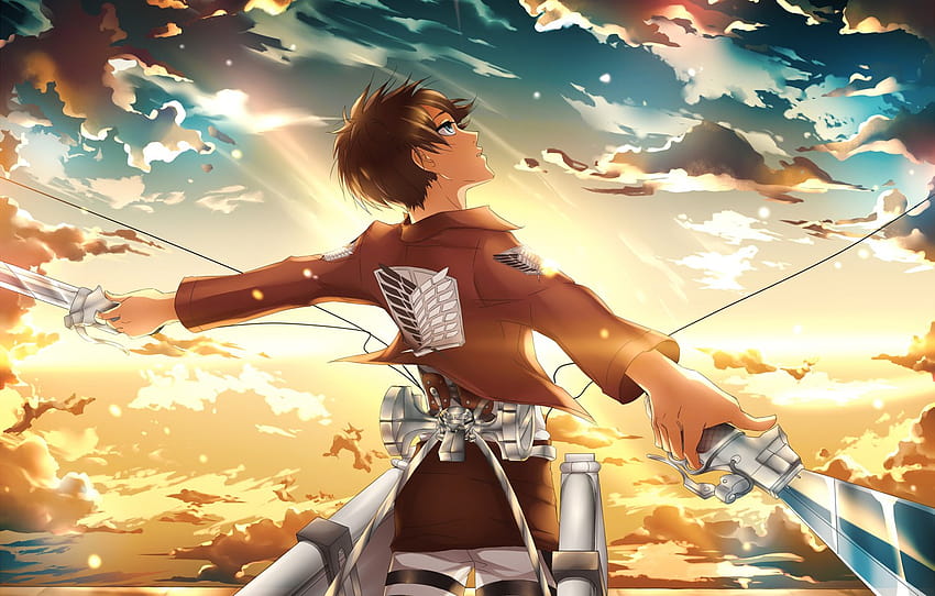 der Himmel, Wolken, Sonnenuntergang, Waffen, Anime, Kunst, Kerl, Schwerter, kristallin, Eren PC HD-Hintergrundbild