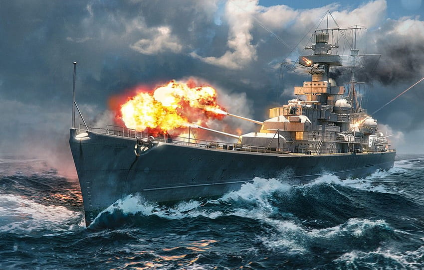 The ocean, Sea, Fire, Ship, Flame, Cruiser, Ocean, Sea, Sea battle, Ship, World of Warships, Volley, Heavy Cruiser, Admiral Hipper, by Olivi, Olive , section игры, war admiral HD wallpaper
