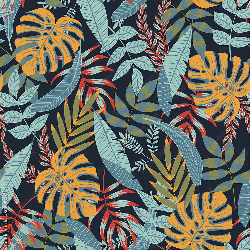 Trend seamless pattern. Tropical leaves on dark background. Illustration in Hawaiian style. Jungle leaves. Botanical pattern. Vector backgrounds for various surface. Exotic , Hawaiian style. Stock Vector HD phone wallpaper