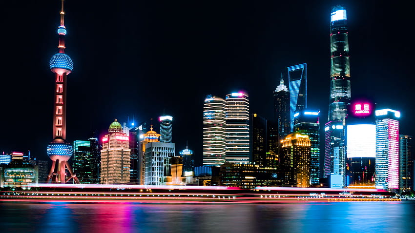 night city, city lights, panorama, shanghai, china city lights, night city, Panorama HD wallpaper