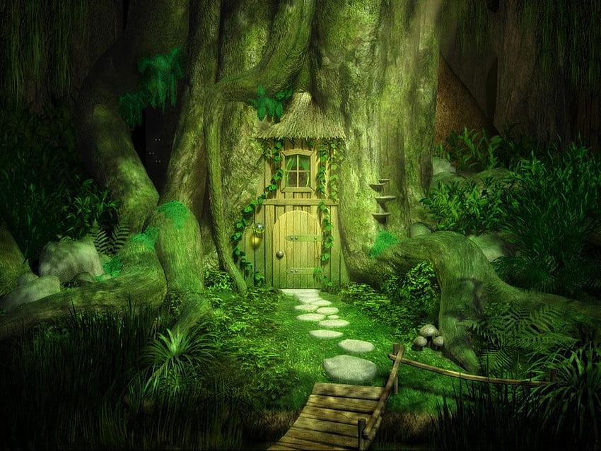 Forest Fairy Home ศิลปะต้นไม้วาดบ้านป่าป่านางฟ้า วอลล์เปเปอร์ HD