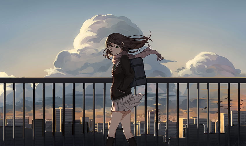 Lofi-Vögel, Schuluniform, Stadt, Anime-Mädchen, Schal • Für Dich, Lofi-Frühling HD-Hintergrundbild