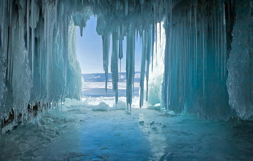 ice, winter, lake, icicles, Baikal, cave, the grotto, blue grotto HD wallpaper