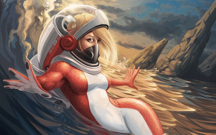 헬멧 마스크 판타지 아트 우주 비행사 물 공상 과학 작품 바다 금발 디지털 아트 페인팅 여성, 과학자 여성 HD 월페이퍼