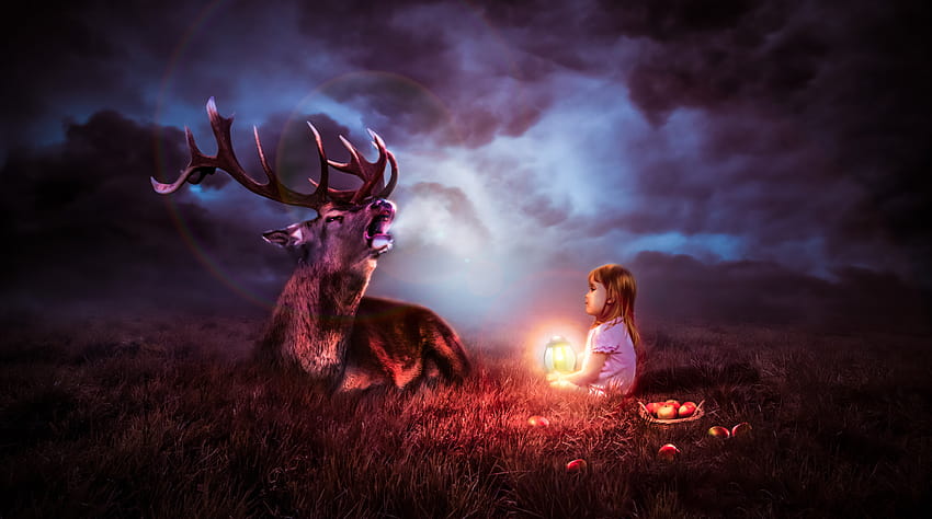Girl holding lantern sitting in front of a buck animal, girl and lantern HD wallpaper