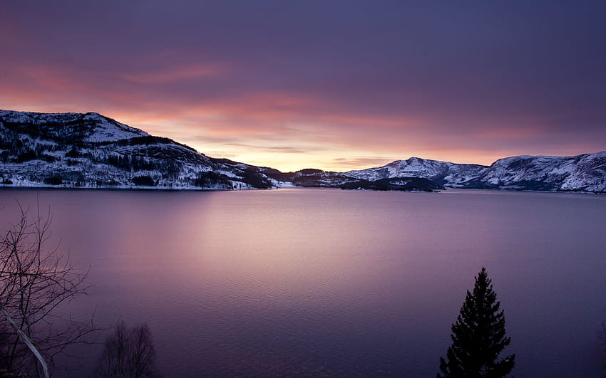 water, mountains, sunset, calm, snow, winter, nature, lakes, sea ::, calm winter HD wallpaper