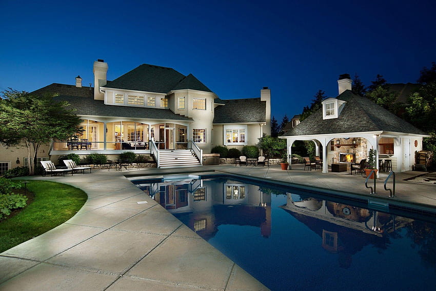Maisons: Luxury House Home Pool Night Beautiful Wide for Fond d'écran HD