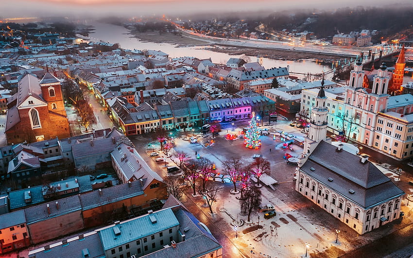 Kaunas, winter, aerial view, square, Christmas Tree, Lithuania, Europe with resolution 2560x1600. High Quality, christmas aerial HD wallpaper
