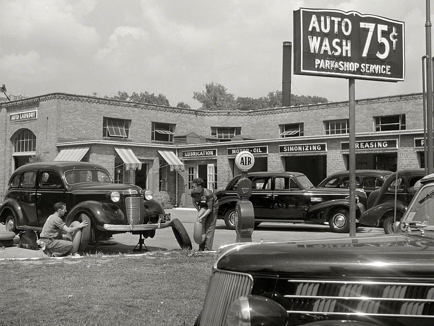 Washington DC BW Mechaniker Classic Car Retro-Geschichtsarchitektur, Oldtimer-Garage HD-Hintergrundbild