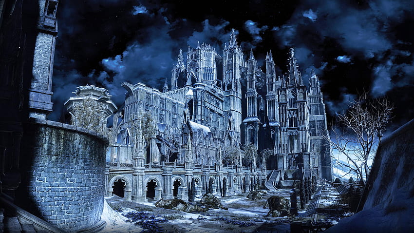 : cityscape, night, snow, winter, Dark Souls III, cathedral, metropolis, Gothic architecture, light, darkness, landmark, screenshot, computer 3072x1728, gothic fantasy winter HD wallpaper